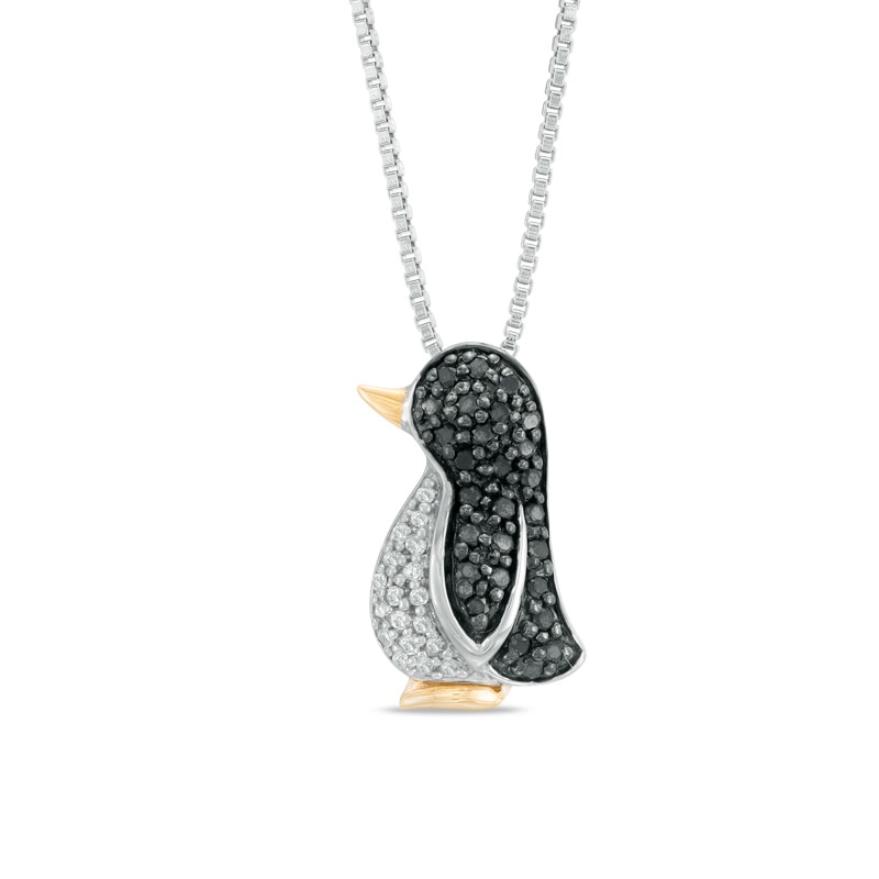 1/4 CT. T.W. Enhanced Black and White Diamond Penguin Pendant in Sterling Silver and 14K Gold