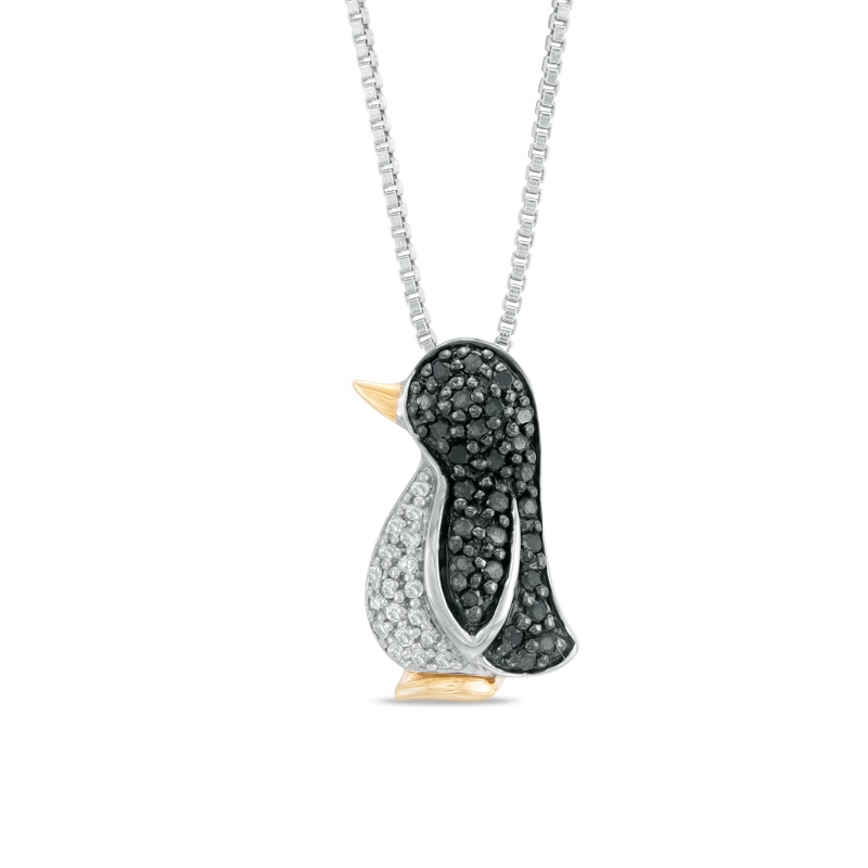 Main Image 1 of 1/4 CT. T.W. Enhanced Black and White Diamond Penguin Pendant in Sterling Silver and 14K Gold