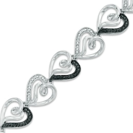 1/10 CT. T.W. Enhanced Black and White Diamond Curlique Heart Link Bracelet in Sterling Silver - 7.5"