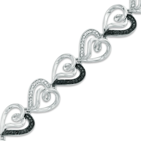 1/10 CT. T.w. Enhanced Black and White Diamond Curlique Heart Link Bracelet in Sterling Silver - 7.5"