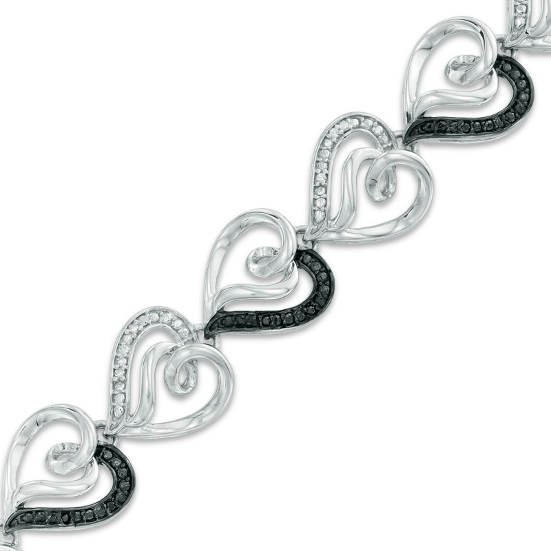 Main Image 1 of 1/10 CT. T.W. Enhanced Black and White Diamond Curlique Heart Link Bracelet in Sterling Silver - 7.5"