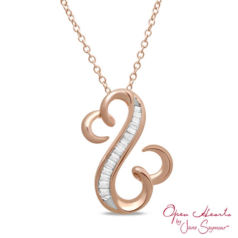 Main Image 1 of Open Hearts by Jane Seymour™ 1/10 CT. T.W. Baguette Diamond Looping Pendant in 10K Rose Gold
