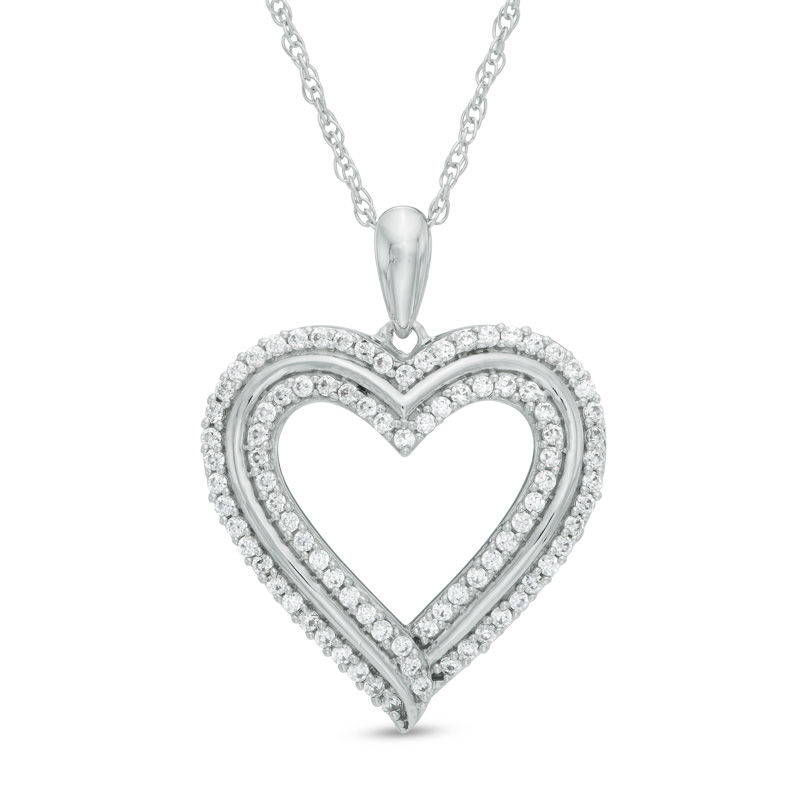 1 2 Ct T W Diamond Double Row Heart Pendant In Sterling Silver T W Diamond Double Row Heart Pendant In Sterling Silver