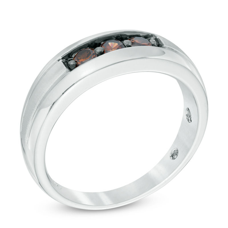 Main Image 2 of 1/2 CT. T.W. Enhanced Champagne Diamond Three Stone Wedding Band in 10K White Gold