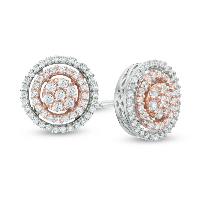 Main Image 1 of 5/8 CT. T.W. Multi-Diamond Double Frame Stud Earrings in 10K Two-Tone Gold