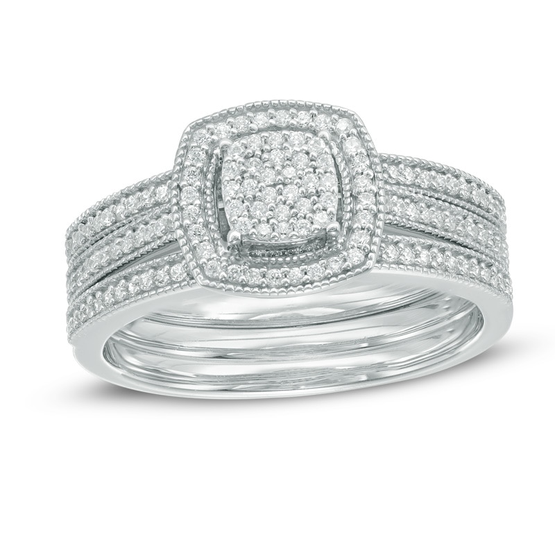 Main Image 1 of 1/3 CT. T.W. Multi-Diamond Square Frame Three Piece Bridal Set in 10K White Gold