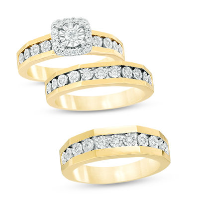 3/8 CT. T.W. Diamond Square Frame Wedding Ensemble in 10K Gold - Size 7 and  10