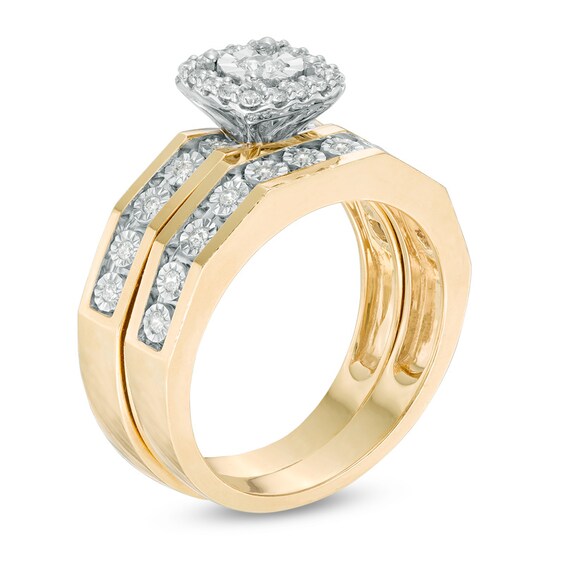 3/8 CT. T.w. Diamond Square Frame Wedding Ensemble in 10K Gold - Size 7 and 10