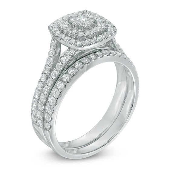 1 CT. T.w. Multi-Diamond Double Square Frame Bridal Set in 10K White Gold