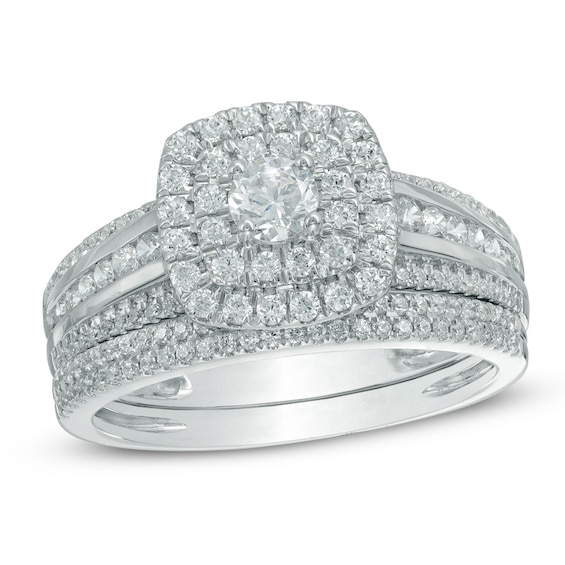 1 CT. T.w. Diamond Double Cushion Frame Bridal Set in 10K White Gold