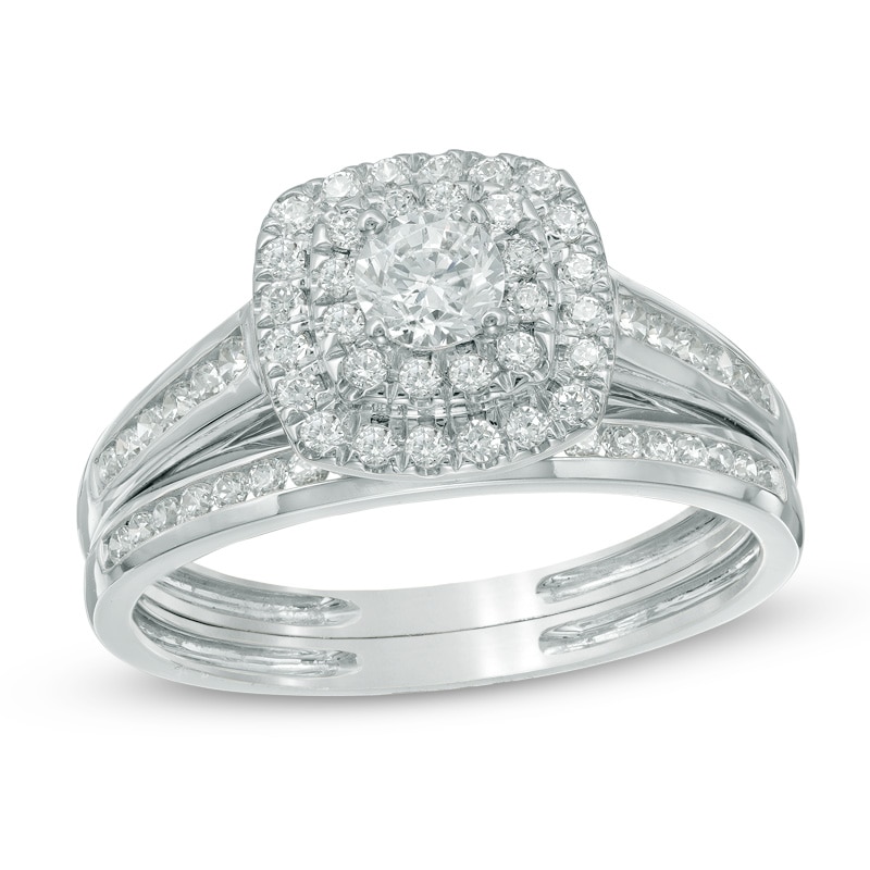 Main Image 1 of 3/4 CT. T.W. Diamond Cushion-Shaped Double Frame Bridal Set in 10K White Gold