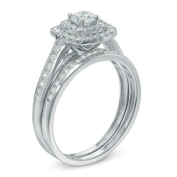 3/4 CT. T.w. Diamond Cushion-Shaped Double Frame Bridal Set in 10K White Gold