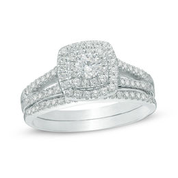 3/4 CT. T.W. Diamond Cushion-Shaped Double Frame Split Shank Bridal Set in 10K White Gold