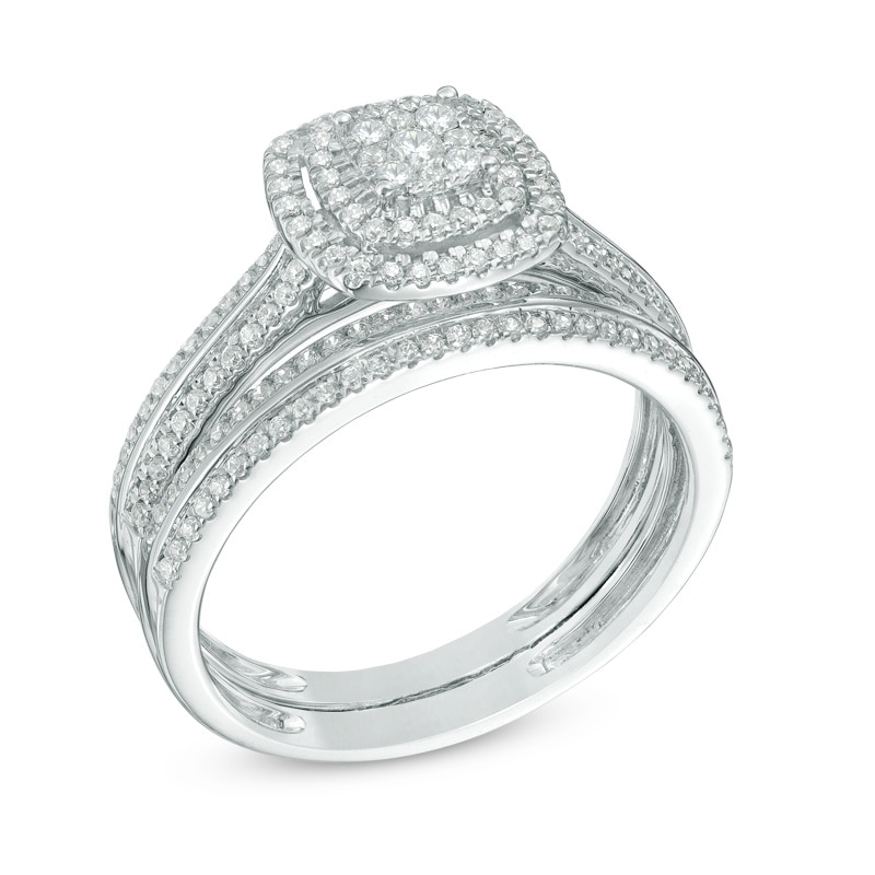 1/2 CT. T.W. Multi-Diamond Double Square Frame Bridal Set in 10K White Gold