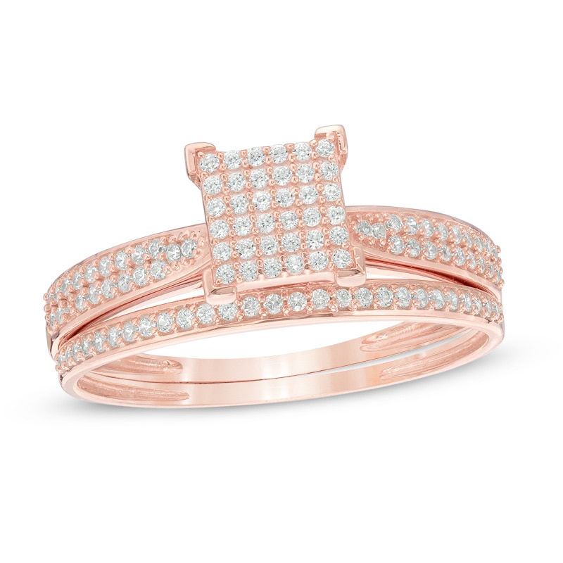 1/3 CT. T.W. Square Multi-Diamond Bridal Set in 10K Rose Gold