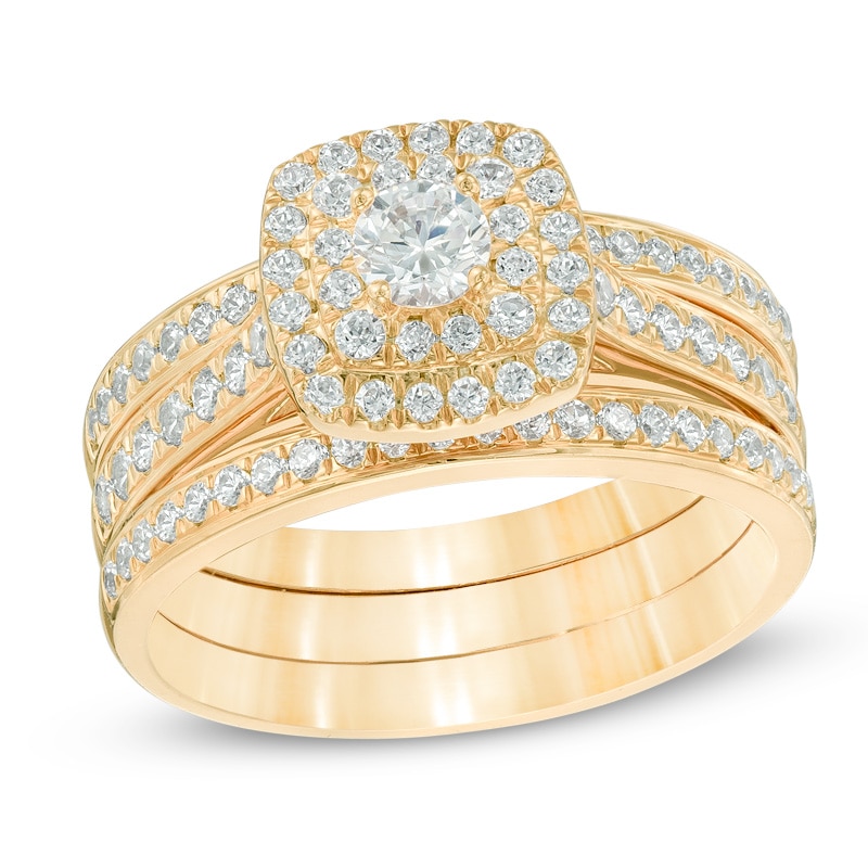 1 CT. T.W. Diamond Double Square Frame Three Piece Bridal Set in 10K Gold