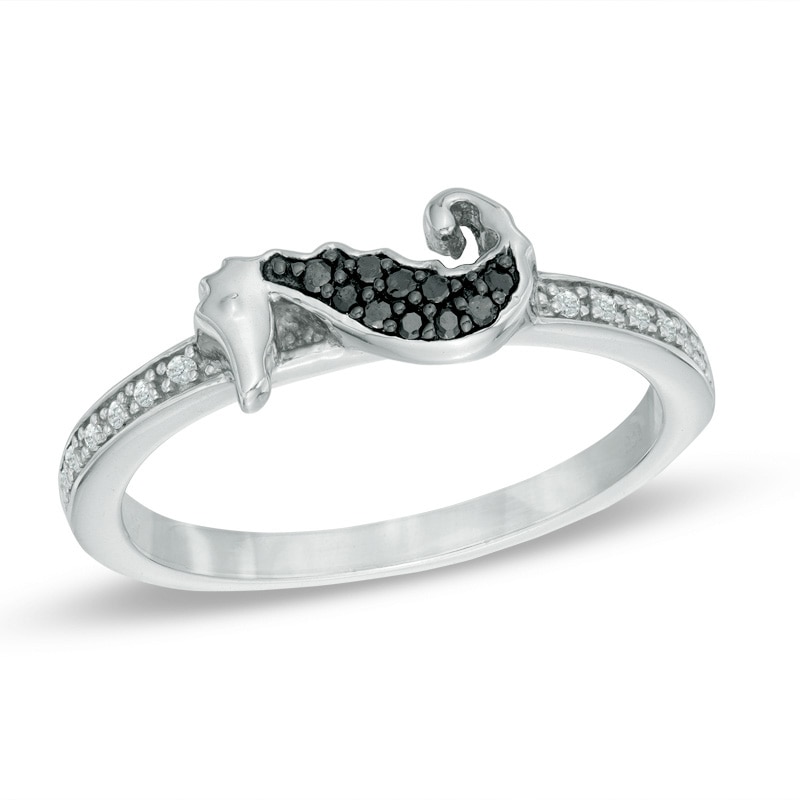 1/10 CT. T.W. Enhanced Black and White Diamond Sideways Seahorse Ring in Sterling Silver