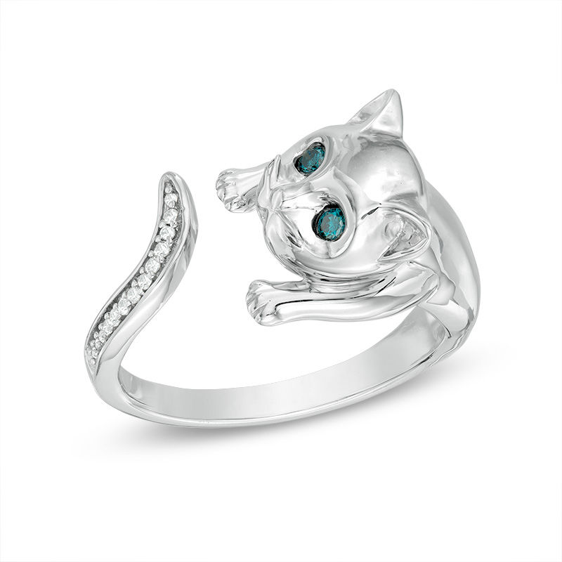 Enhanced Blue and White Diamond Accent Cat Open Ring in Sterling Silver