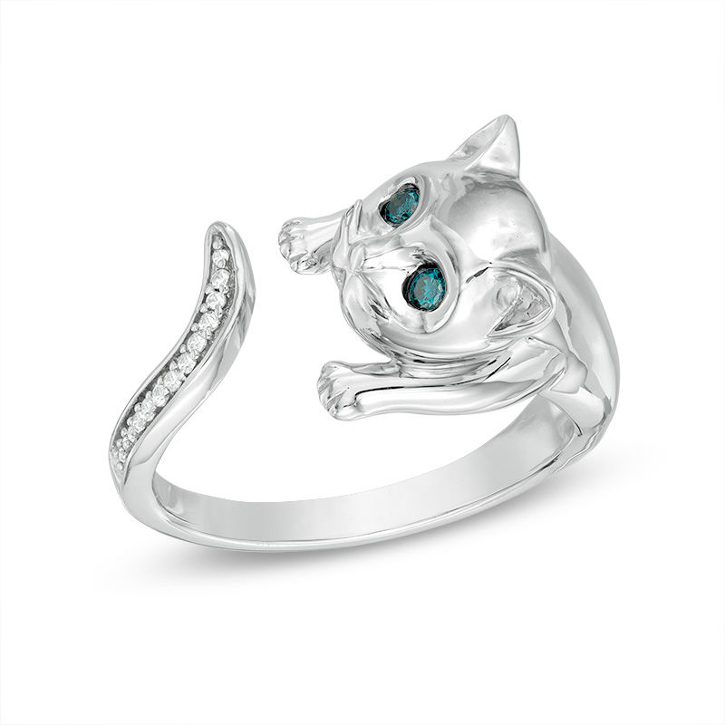 Main Image 1 of Enhanced Blue and White Diamond Accent Cat Open Ring in Sterling Silver