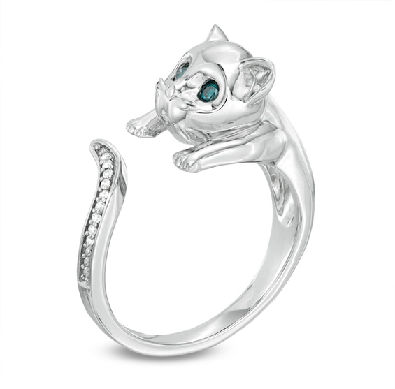 Enhanced Blue and White Diamond Accent Cat Open Ring in Sterling Silver