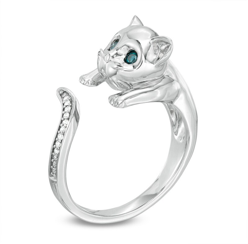 Enhanced Blue and White Diamond Accent Cat Open Ring in Sterling Silver