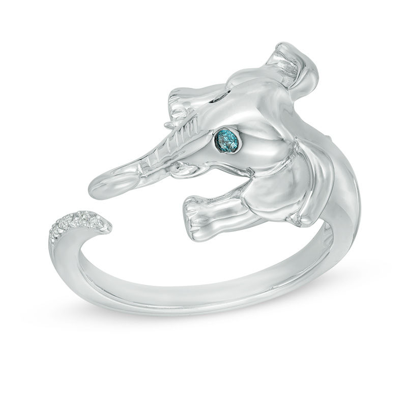 Enhanced Blue and White Diamond Accent Elephant Open Ring in Sterling Silver
