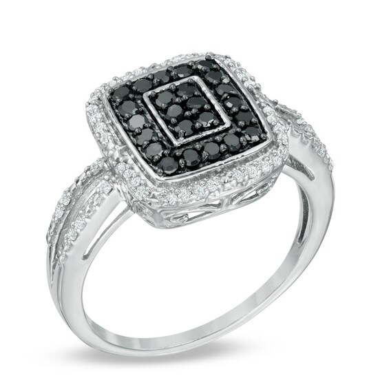 1/2 CT. T.w. Enhanced Black and White Composite Diamond Double Rectangle Frame Ring in Sterling Silver