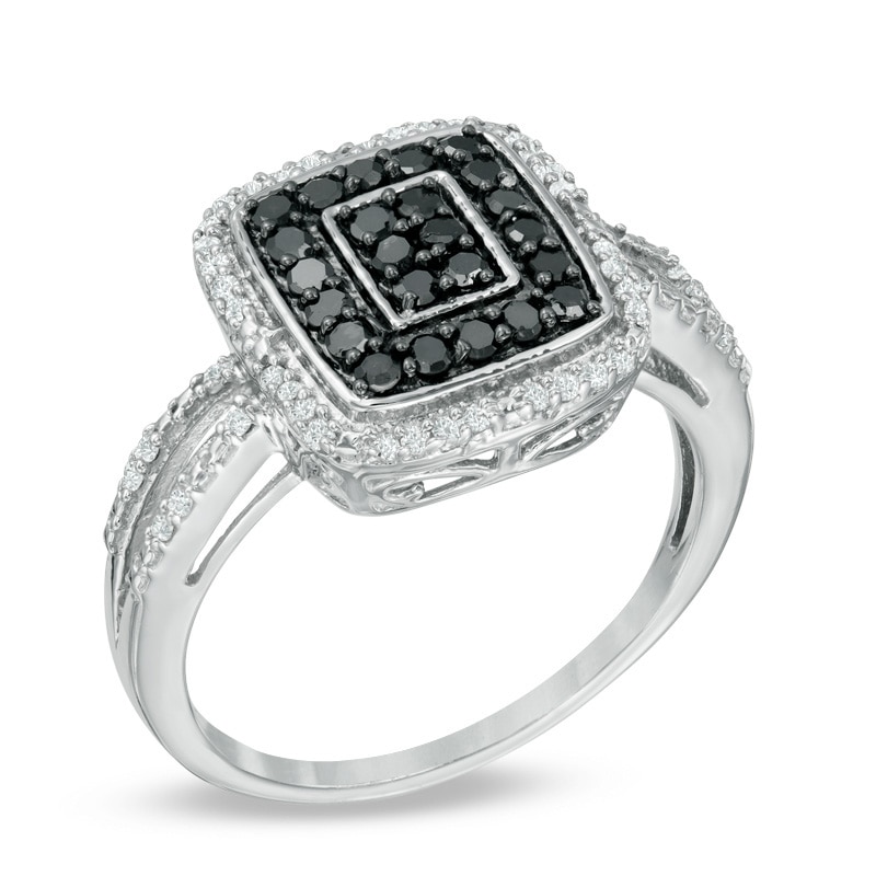 1/2 CT. T.W. Enhanced Black and White Composite Diamond Double Rectangle Frame Ring in Sterling Silver