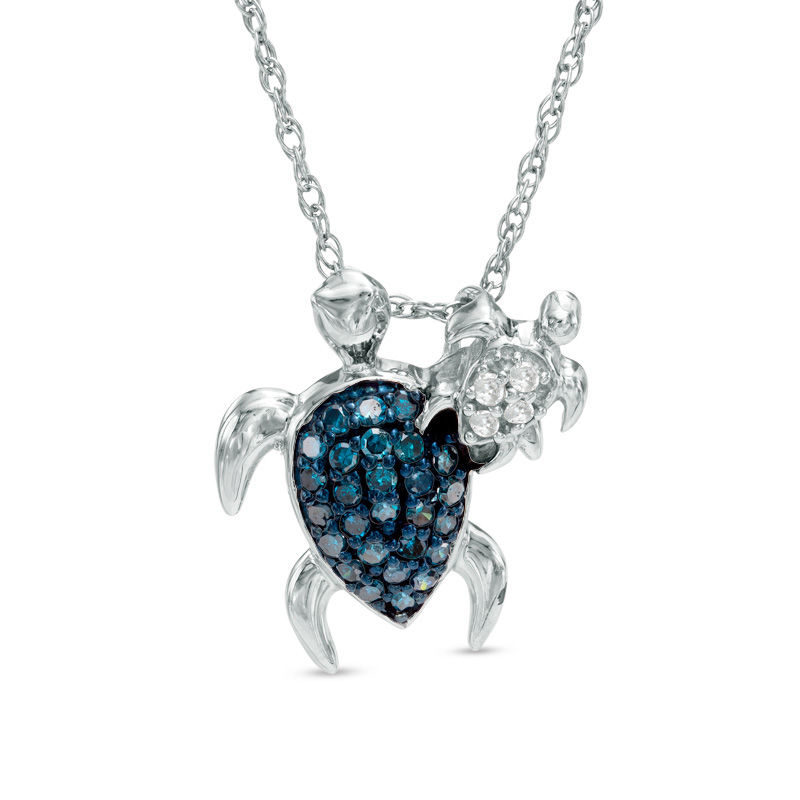 1/4 CT. T.W. Enhanced Blue and White Diamond Motherly Love Turtle Pendant in Sterling Silver