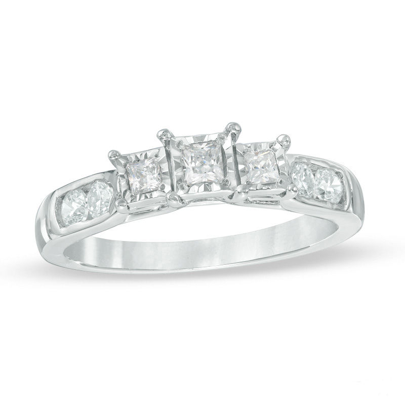 1/2 CT. T.W. Princess-Cut Diamond Past Present Future® Engagement Ring in 10K White Gold