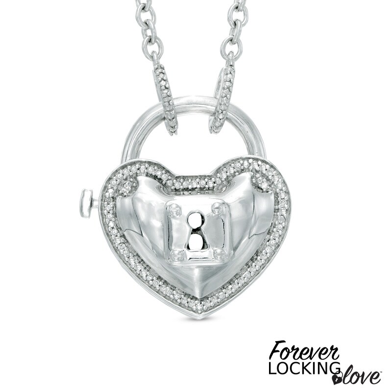 Main Image 1 of Forever Locking Love™ 1/10 CT. T.W. Diamond Heart-Shaped Lock Necklace in Sterling Silver