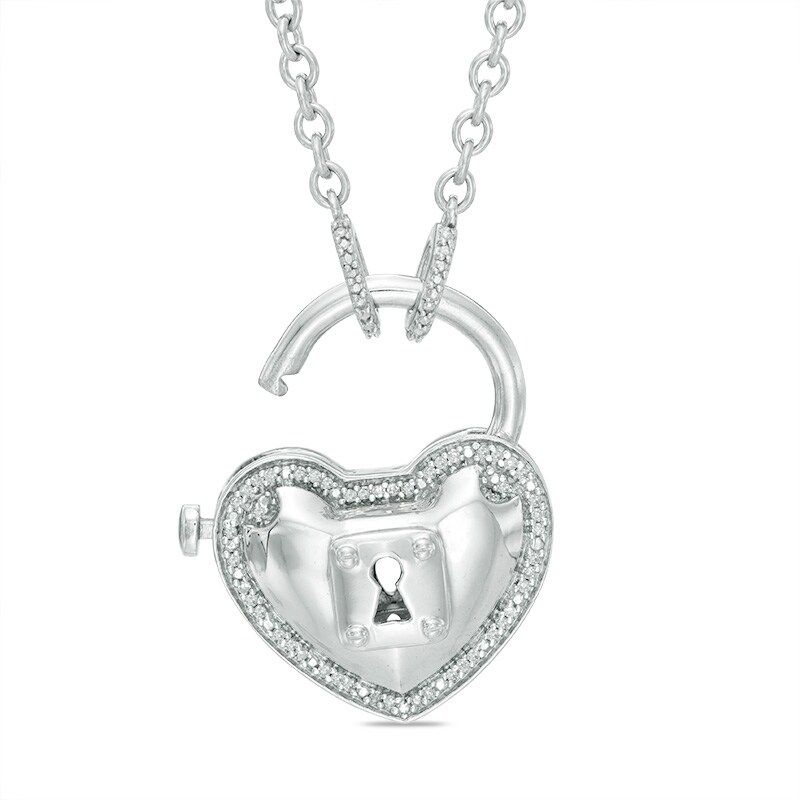 Main Image 2 of Forever Locking Love™ 1/10 CT. T.W. Diamond Heart-Shaped Lock Necklace in Sterling Silver
