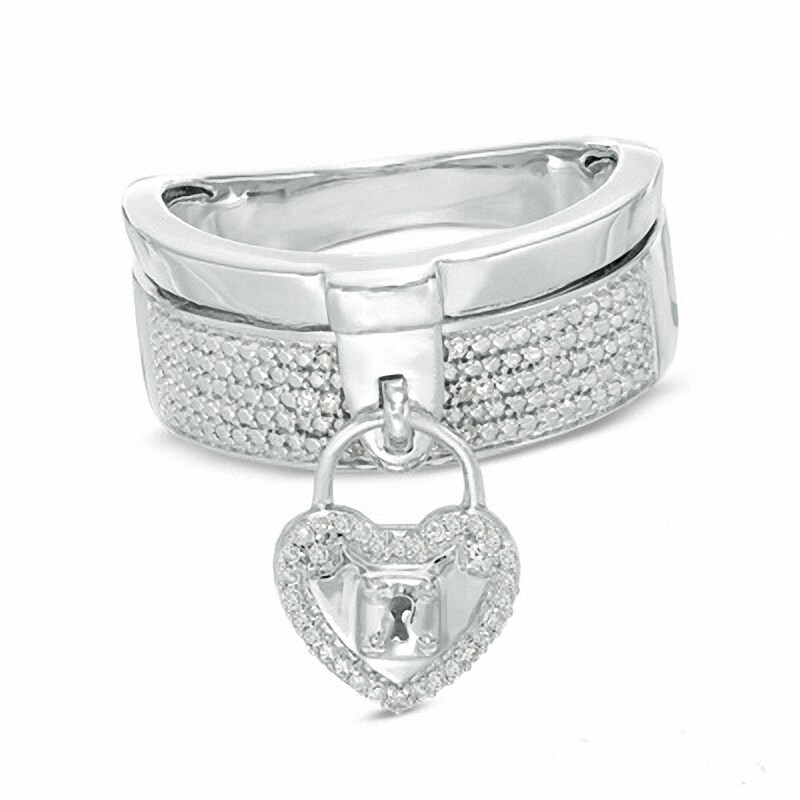 Main Image 1 of Forever Locking Love™ 1/10 CT. T.W. Diamond Stacked Heart Lock Ring in Sterling Silver