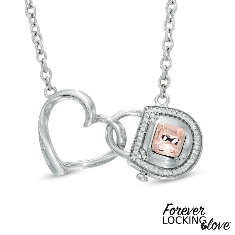 Forever Locking Love™ 1/6 CT. T.W. Diamond Heart and Lock Necklace in Sterling Silver and 10K Rose Gold