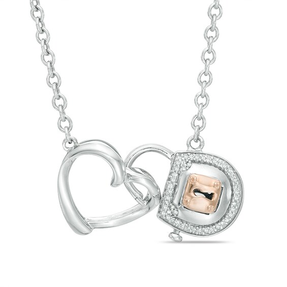 Forever Locking Loveâ¢ 1/6 CT. T.w. Diamond Heart and Lock Necklace in Sterling Silver and 10K Rose Gold