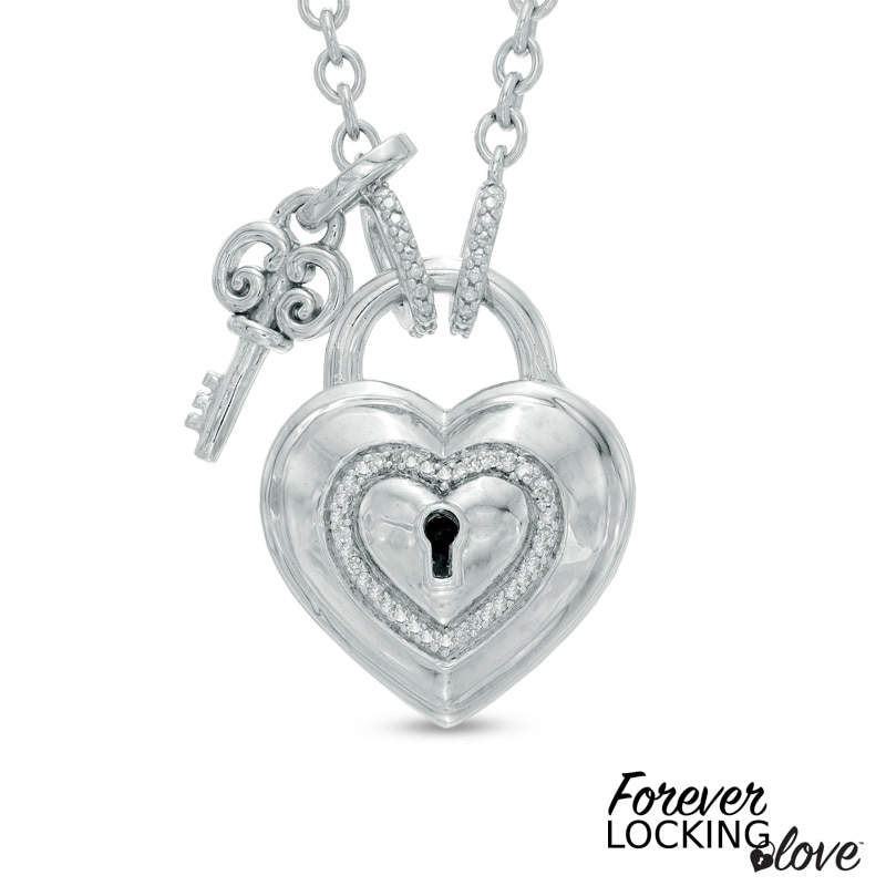 Forever Locking Love™ 1/20 CT. T.W. Diamond Heart-Shaped Lock Necklace with Key Charm in Sterling Silver - 32"