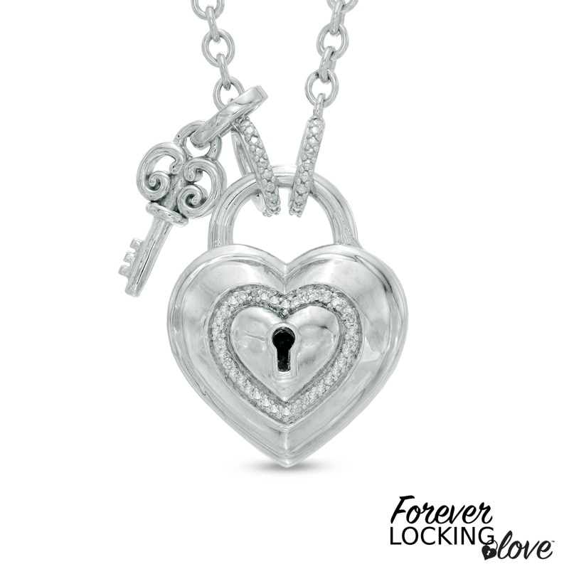Main Image 1 of Forever Locking Love™ 1/20 CT. T.W. Diamond Heart-Shaped Lock Necklace with Key Charm in Sterling Silver - 32"