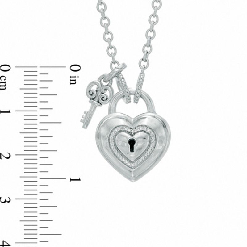 Forever Locking Love™ 1/20 CT. T.W. Diamond Heart-Shaped Lock Necklace with Key Charm in Sterling Silver - 32"