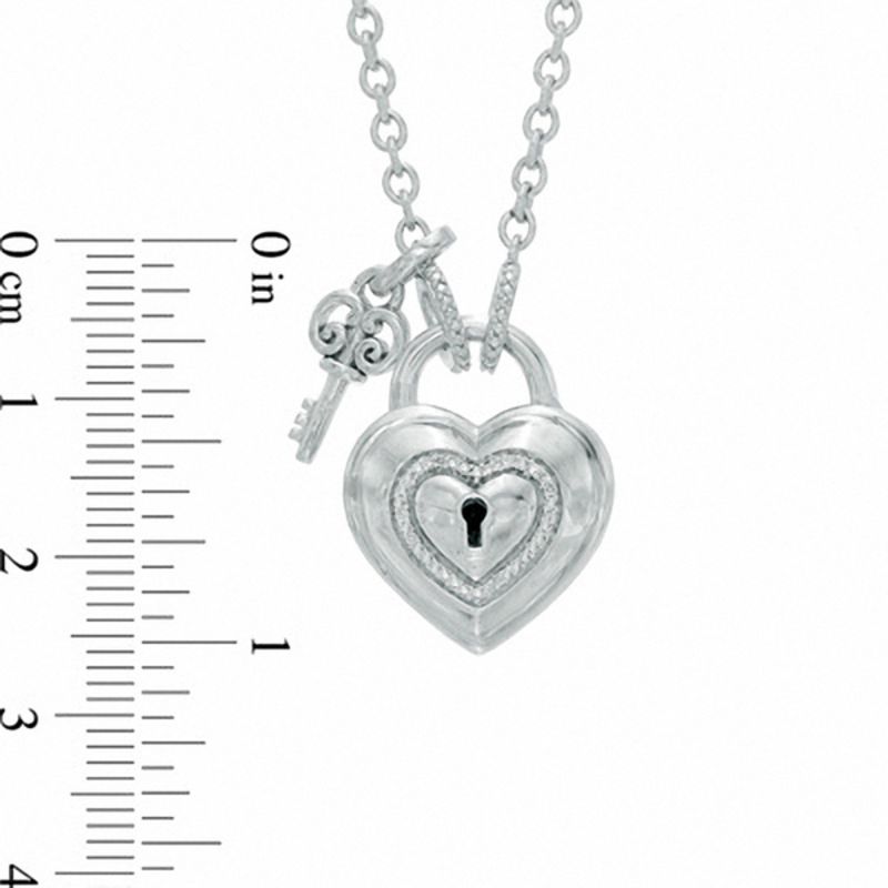 Main Image 2 of Forever Locking Love™ 1/20 CT. T.W. Diamond Heart-Shaped Lock Necklace with Key Charm in Sterling Silver - 32"