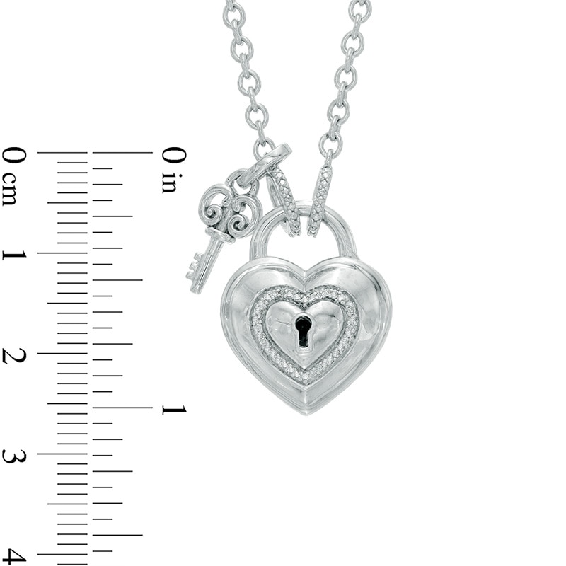 Main Image 3 of Forever Locking Love™ 1/20 CT. T.W. Diamond Heart-Shaped Lock Necklace with Key Charm in Sterling Silver - 32"