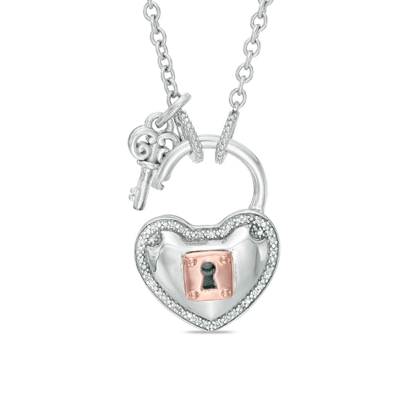 Forever Locking Love™ 1/10 CT. T.W. Diamond Heart-Shaped Lock Necklace with Key Charm in Sterling Silver