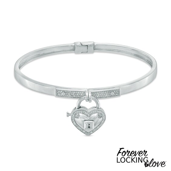 Forever Locking Loveâ¢ 1/6 CT. T.w. Diamond Heart-Shaped Lock Charm Bangle in Sterling Silver