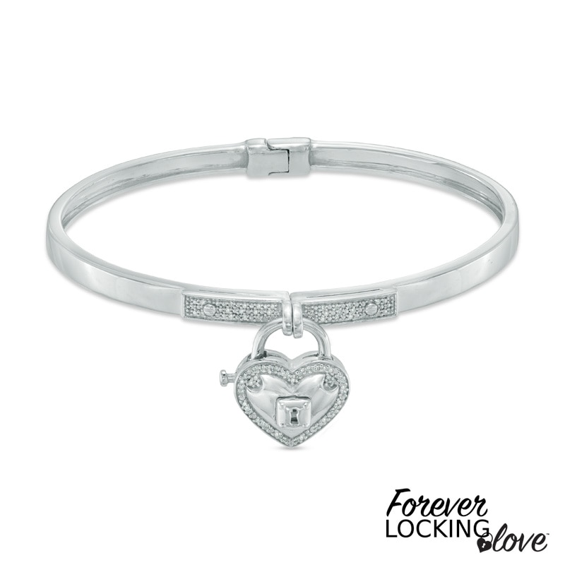 Forever Locking Love™ 1/6 CT. T.W. Diamond Heart-Shaped Lock Charm Bangle in Sterling Silver