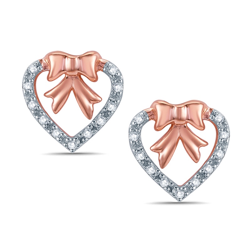 Main Image 1 of Diamond Accent Heart with Bow Stud Earrings in 10K Rose Gold