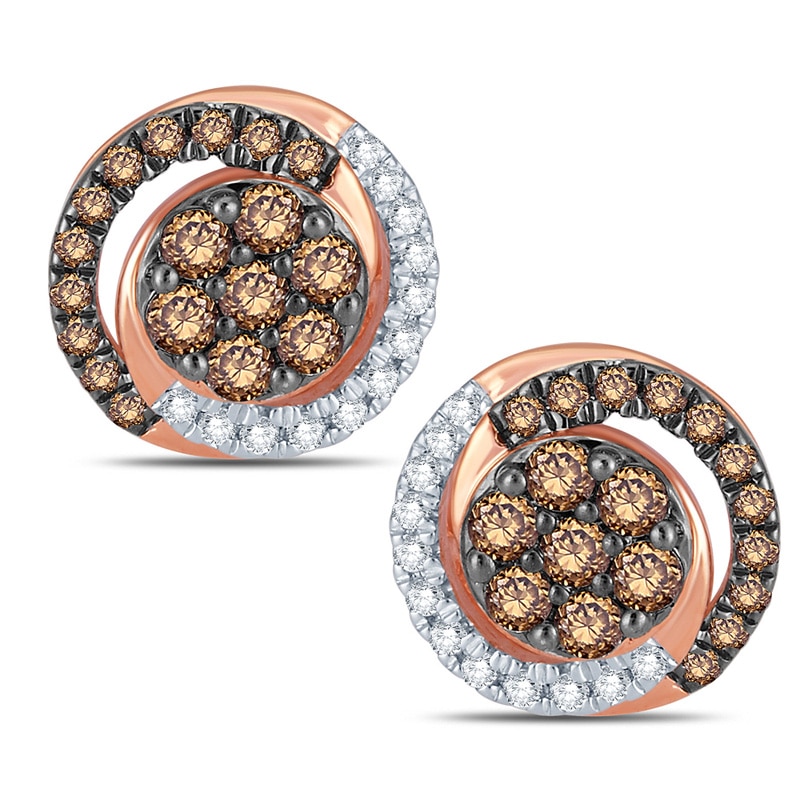 1/3 CT. T.W. Composite Champagne and White Diamond Swirl Stud Earrings in 10K Rose Gold
