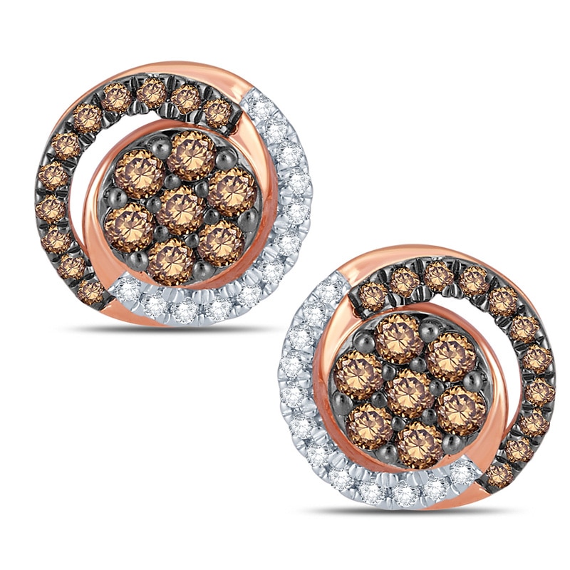 Main Image 1 of 1/3 CT. T.W. Composite Champagne and White Diamond Swirl Stud Earrings in 10K Rose Gold