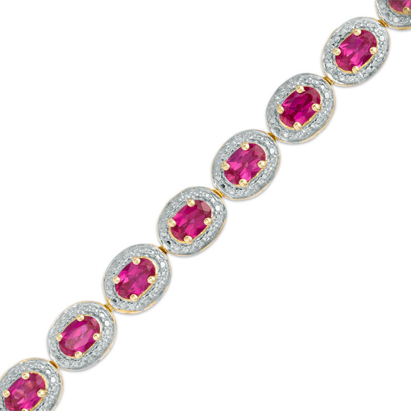 Oval Lab-Created Ruby and Diamond Accent Frame Bracelet in Sterling Silver and 14K Gold Plate - 7.25"