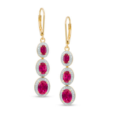 Oval Lab-Created Ruby and Diamond Accent Linear Three Stone Earrings in  Sterling Silver with 14K Gold Plate