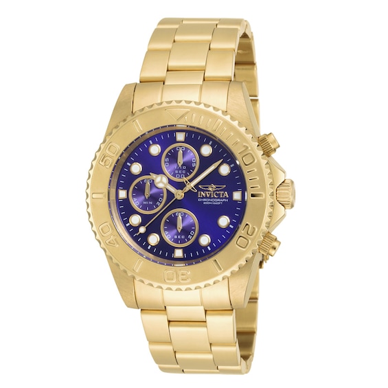 Men's Invicta Signature Pro Diver Gold-Tone Chronograph Watch with Blue Dial (Model: 19157)