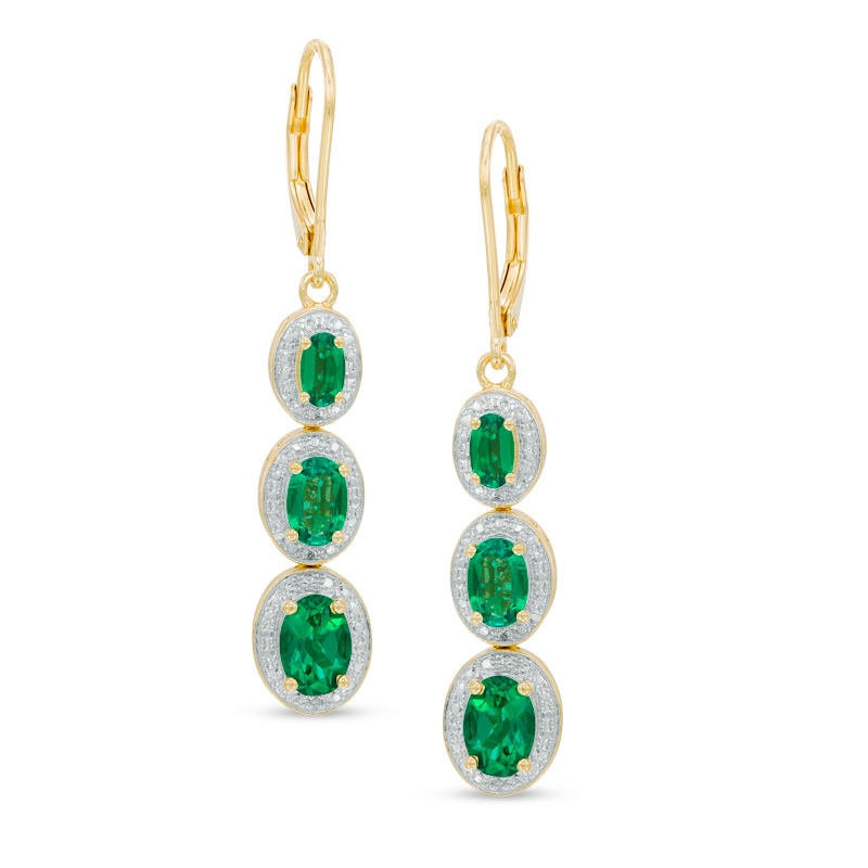 Oval Lab-Created Emerald and Diamond Accent Linear Three Stone Earrings in Sterling Silver with 14K Gold Plate